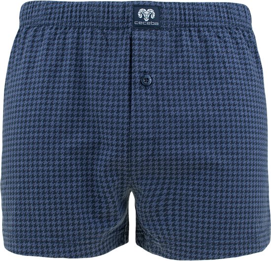 Donkerblauwe Ceceba boxer met pied-de-poule patroon, elastische tailleband en knoop.