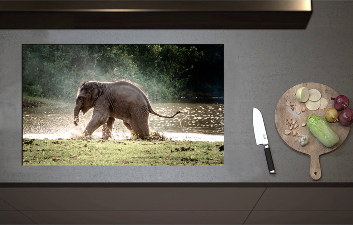 Inductieplaat Beschermer - Baby Olifant Spelend in Meer in Regenwoud - 85x52 cm - 2 mm Dik - Inductie Beschermer - Bescherming Inductiekookplaat - Kookplaat Beschermer van Zwart Vinyl