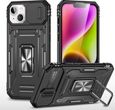 Nuvex Hoesje geschikt voor iPhone 15 Zwart Telefoonhoesje - Anti-Shock Case Cover Hybrid Armor Hoes met Kickstand Ring met Screenprotector