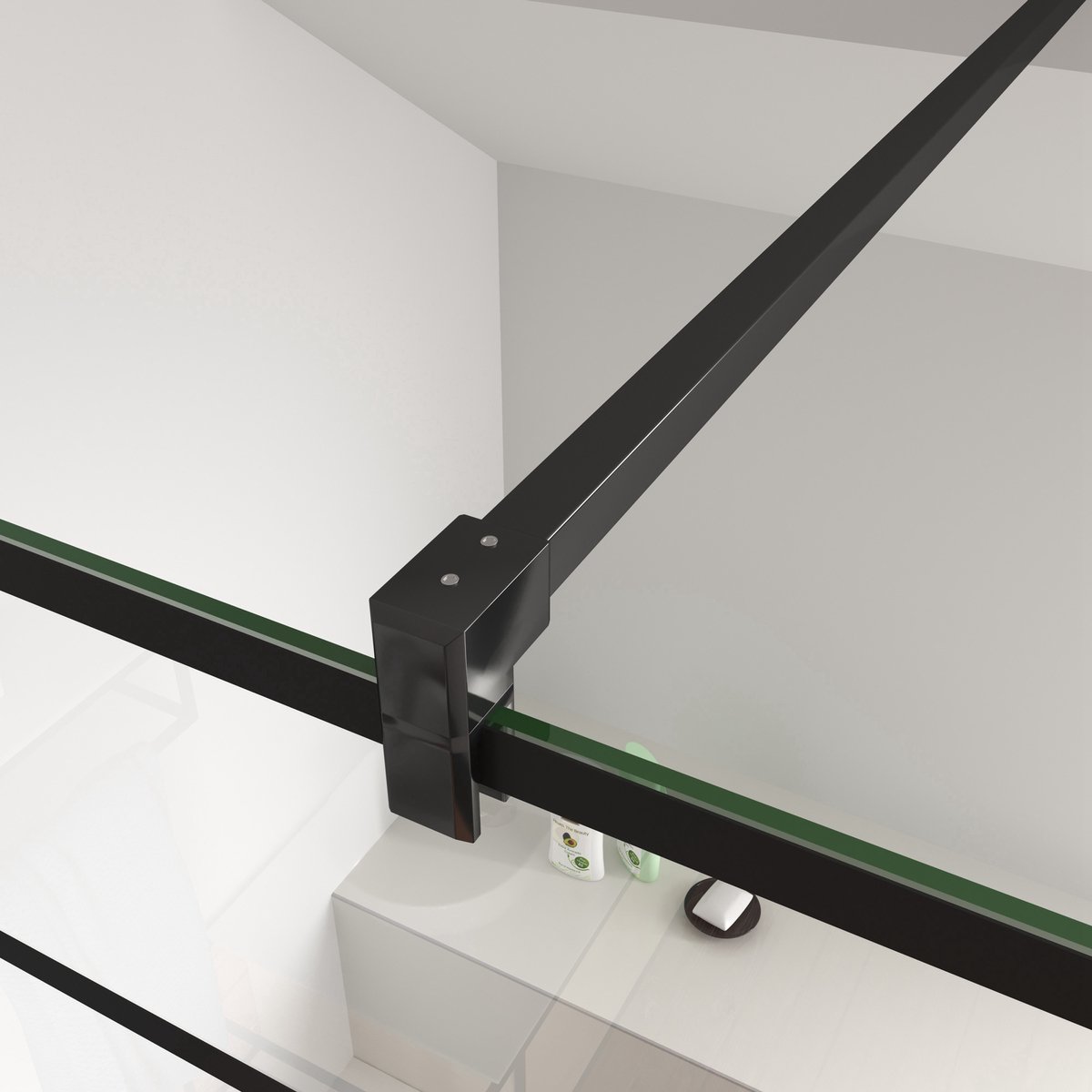 Mat zwarte stabilisatiestang bied voldoende steun aan de douchewand, Lengte stang: 90 cm , snijdbaar, vierkant.