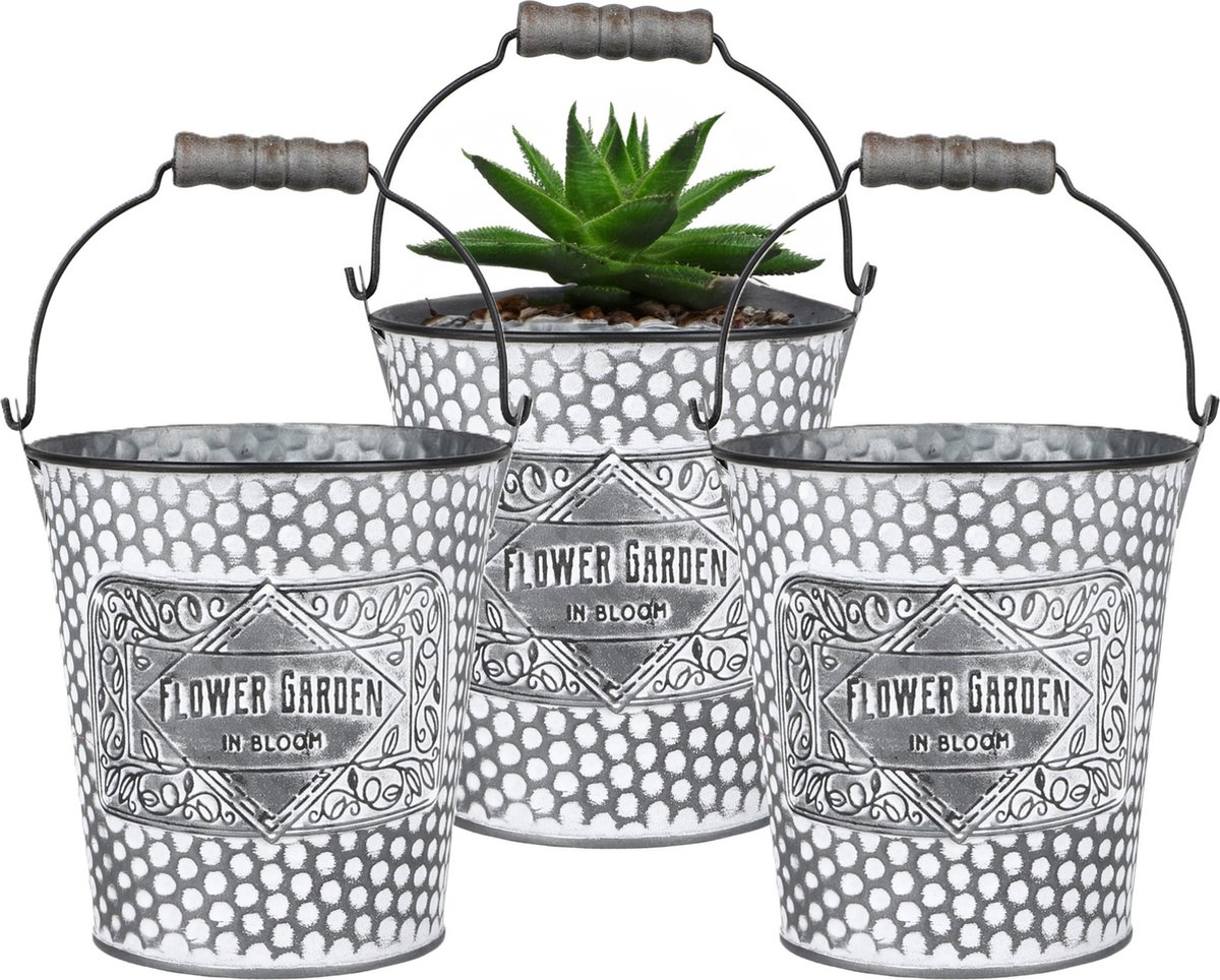 Goedkoopste Sunnydays Emmer/plantenpot/bloempot - 3x - zink - zilver - D12.5 x H13 cm