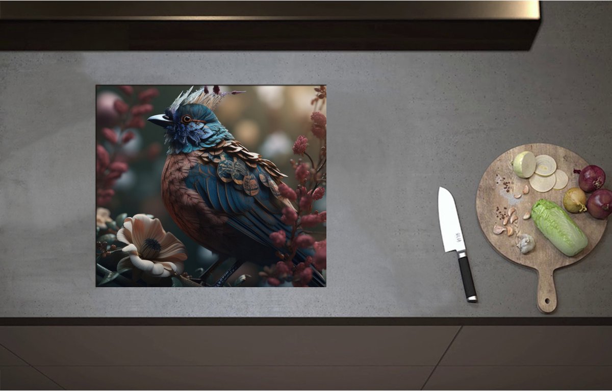 Inductieplaat Beschermer - Blauwe Gaai Vogel met Kleurrijke Veren en Bloemen - 57x50 cm - 2 mm Dik - Inductie Beschermer - Bescherming Inductiekookplaat - Kookplaat Beschermer van Wit Vinyl