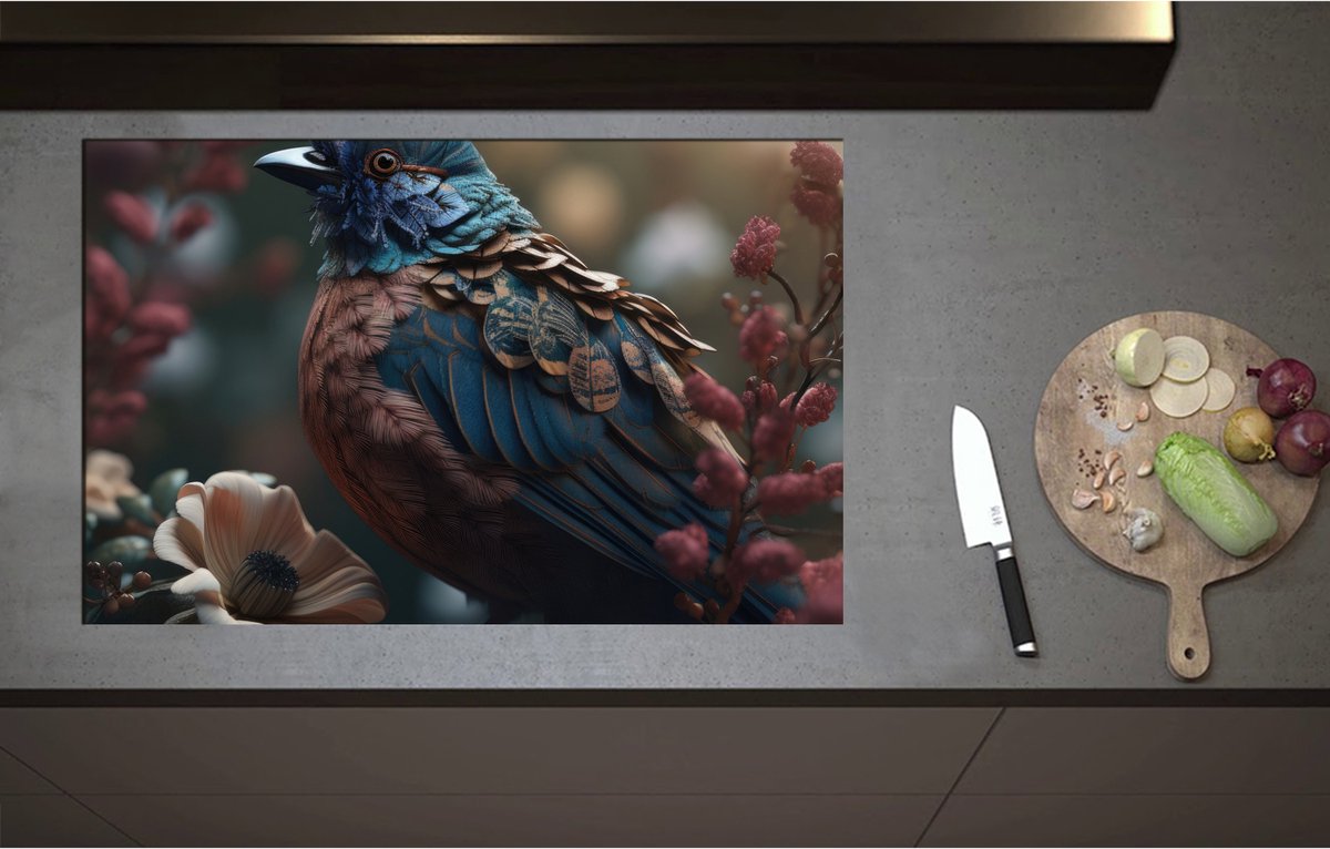 Inductieplaat Beschermer - Blauwe Gaai Vogel met Kleurrijke Veren en Bloemen - 85x55 cm - 2 mm Dik - Inductie Beschermer - Bescherming Inductiekookplaat - Kookplaat Beschermer van Zwart Vinyl