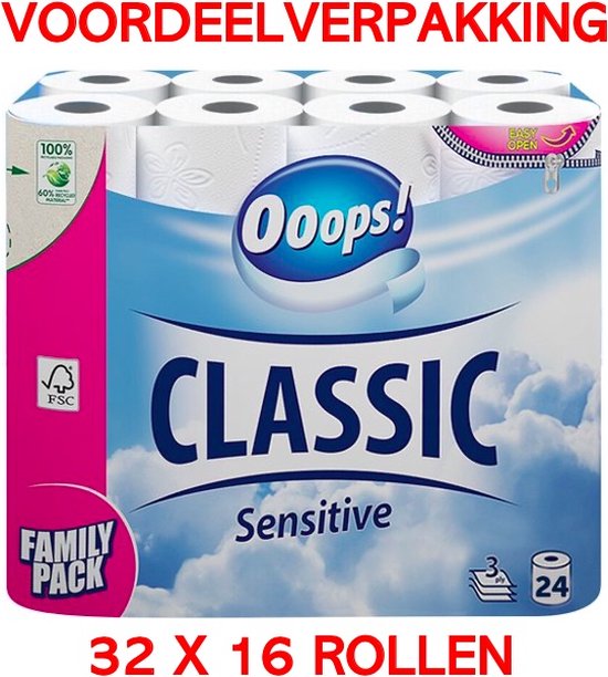 Ooops! Classic Sensitive 3-Laags Toiletpapier - WC papier 32 x 16 Rollen - Voordeelverpakking 512 rollen