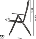 Zwarte inklapbare tuinstoel met afmetingen gemarkeerd: 70 cm breed, 55 cm zithoogte, 108 cm totale hoogte, 65 cm rugleuninghoogte.