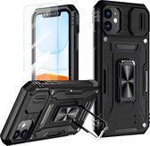 Nuvex Hoesje geschikt voor iPhone 11 Zwart Telefoonhoesje - Anti-Shock Case Cover Hybrid Armor Hoes met Kickstand Ring met Screenprotector