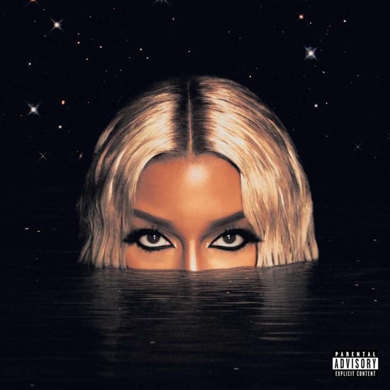 Albumhoes met een vrouw met blond haar die tot aan haar ogen in donker water kijkt. Sternelementen op een zwarte achtergrond.