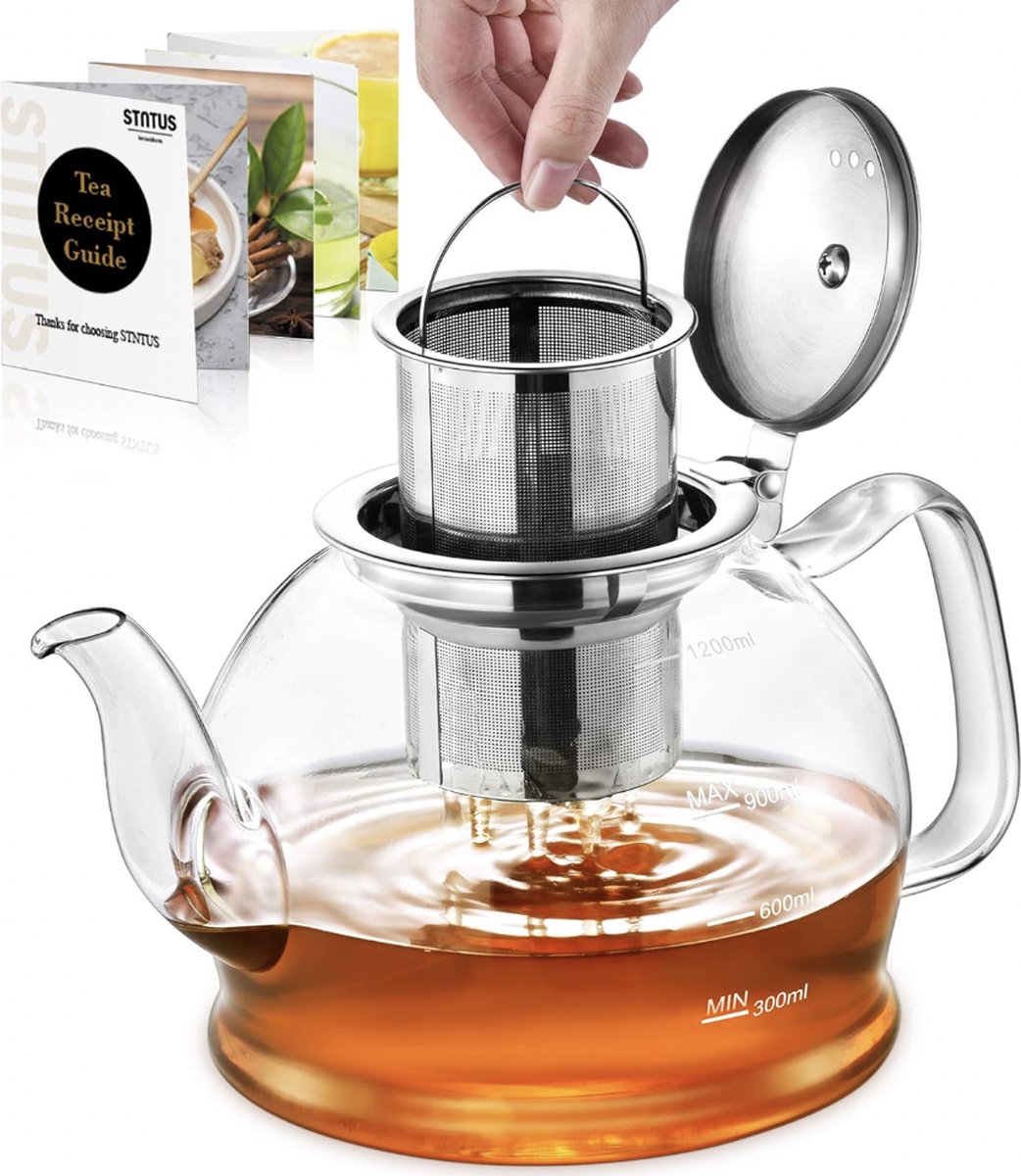 Stellar Theepot - van 1200 ml - Theepot met infuser - Borosilicaat Theepot met roestvrijstalen zeef - Voor losse thee - Theepot voor 4-6 kopjes - Theepot met filter