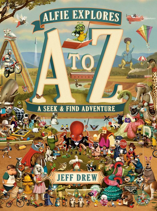 Boekomslag 'Alfie Explores A to Z' met veel dieren en objecten. Centraal staat de tekst 'A to Z'.