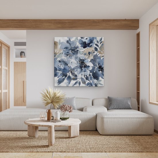 Peinture sur toile Artaza Fleurs bleues et beiges sur fond Witte - 80x80 - Groot - Photo sur toile - Impression sur toile