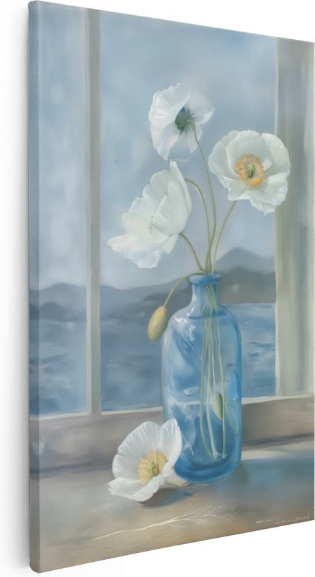 Peinture sur toile Artaza Fleurs Witte dans un vase bleu sur un rebord de fenêtre - 80x120 - Groot - Photo sur toile - Impression sur toile