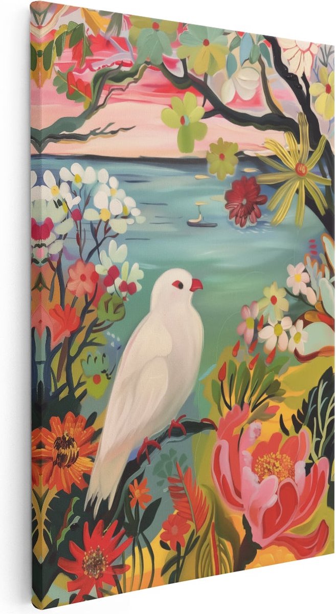 Artaza Canvas Schilderij Witte Duif op een Tak met Bloemen - Dieren - 80x120 cm - Groot - Wanddecoratie Woonkamer - Schilderijen - Muurdecoratie