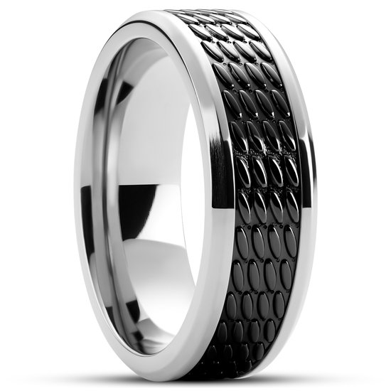 Hyperan | 8 mm Zilverkleurige Titanium Ring met Zwart Ovaal Patroon