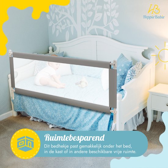 Barrière de lit HeppieBabie - Extra Longue 150 CM - Ajustable - Grijs avec filet de sécurité - Bord de lit - Barrière de lit - Support de lit