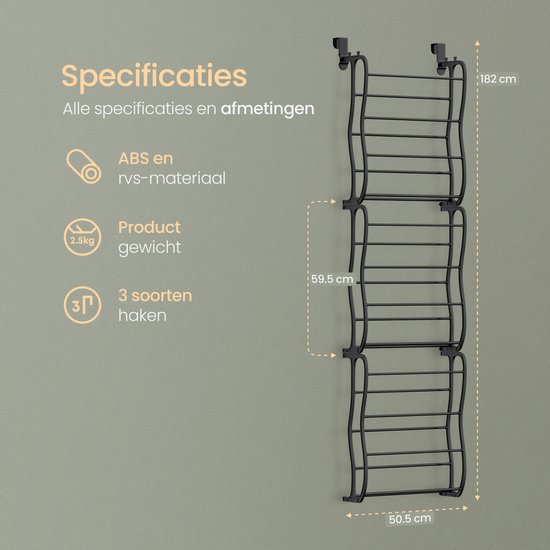O'DADDY® Schoenenrek - Schoenenkast - Schoenenrek zwart - Schoenenrek deur - Schoenenrek hangend - Hangend schoenenrek - Deur schoenenrek - Hangend schoenenrek deur - Geschikt voor elke deur - 20 x 51 x 182 cm - Zwart