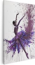 Artaza Canvas Schilderij Ballerina Springt in Paarse Verfspatten - 20x30 - Klein - Foto Op Canvas - Canvas Print