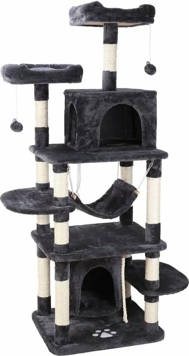 MS® - Kattenboom XL - Krabpaal - 170 cm hoog - Donker Grijs - 2 uitkijkplateaus - Kattenboom met hangmat