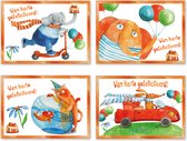 Vrolijke set met 12 verjaardagskaarten - Kinderkaarten - Felicitatie kind - Leuke Post - wenskaart - ansichtkaart - olifant - vis - hond