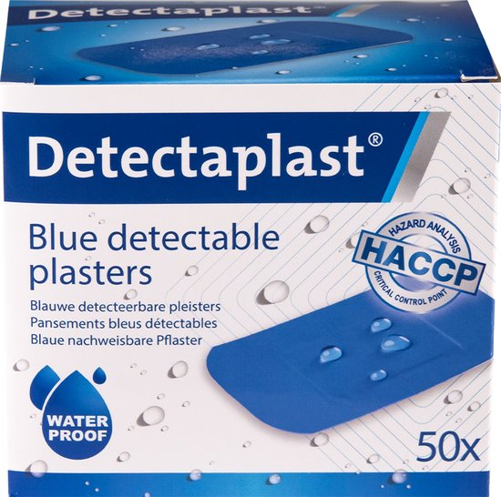 Detectaplast blauwe pleisters Universal, metaaldetecteerbare, waterdichte en vuilwerende pleisters sensitive, voor de voedingsindustrie, catering en grootkeuken, 50 x 72 mm, 50 stuks