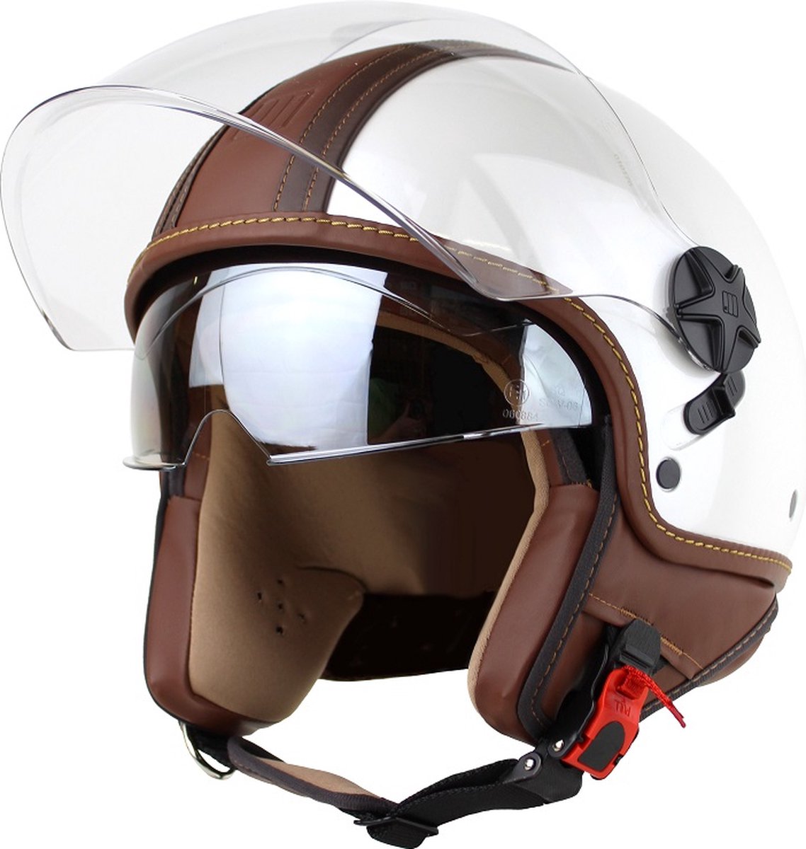 Motocubo - top cube - jethelm - dubbel vizier - wit - bruin leer - maat XL - snorfiets, scooter en motorhelm - ECE 22.06