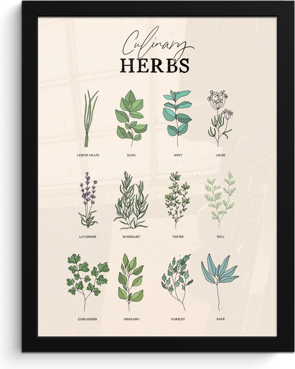 FrameYourWall Fotolijst inclusief poster - Posterlijst 30x40 cm - Posters - Kruiden - Planten - Herbs - Groen - Vintage - Foto in lijst - Keuken decoratie muur - Wanddecoratie accessoires - Muurdecoratie - Schilderijen Kruiden - Overzicht