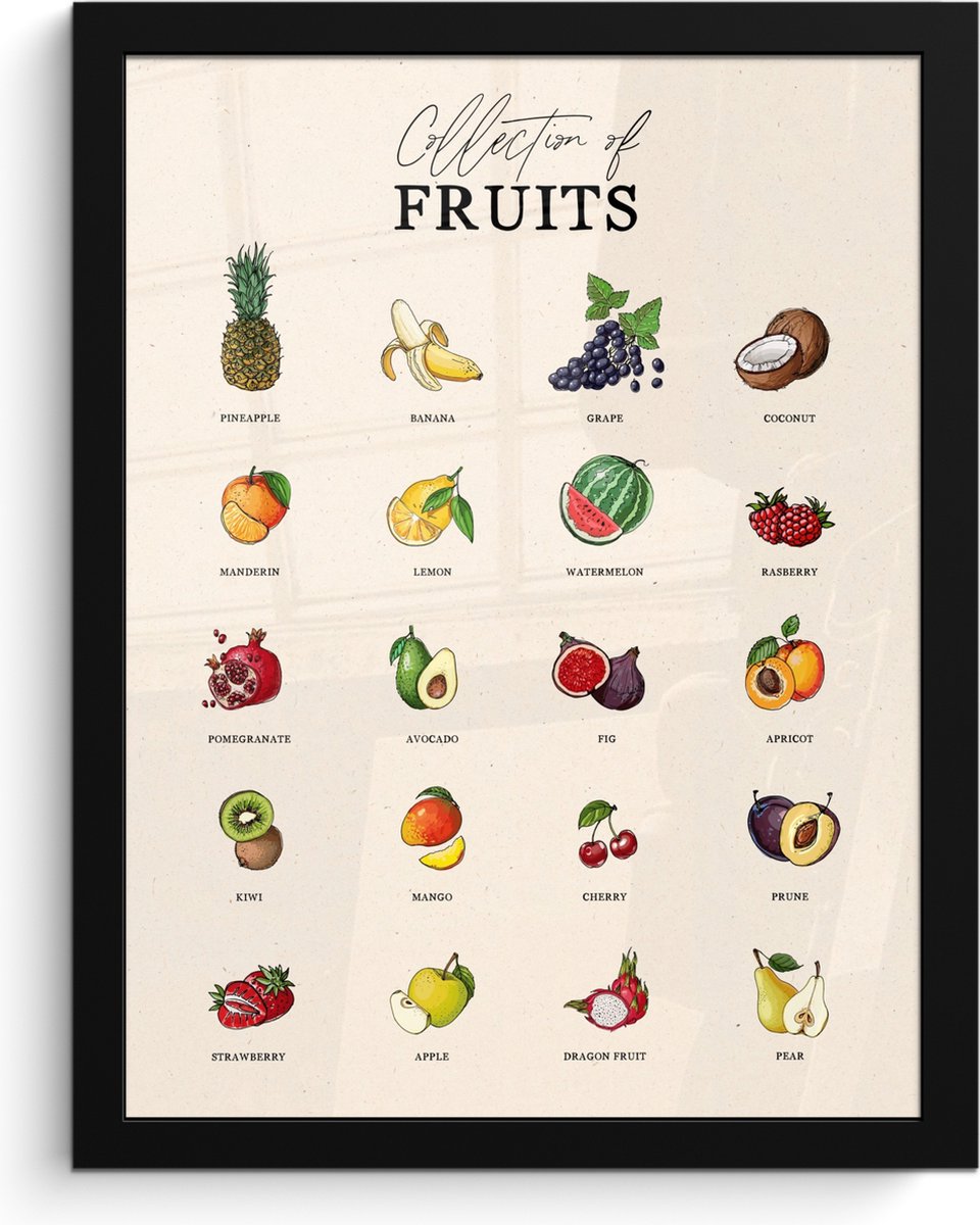 FrameYourWall Fotolijst inclusief poster - Posterlijst 30x40 cm - Posters - Fruit soorten - Kleurrijk - Eten - Vintage - Foto in lijst - Keuken decoratie muur - Wanddecoratie accessoires - Muurdecoratie - Schilderijen fruit - overzicht