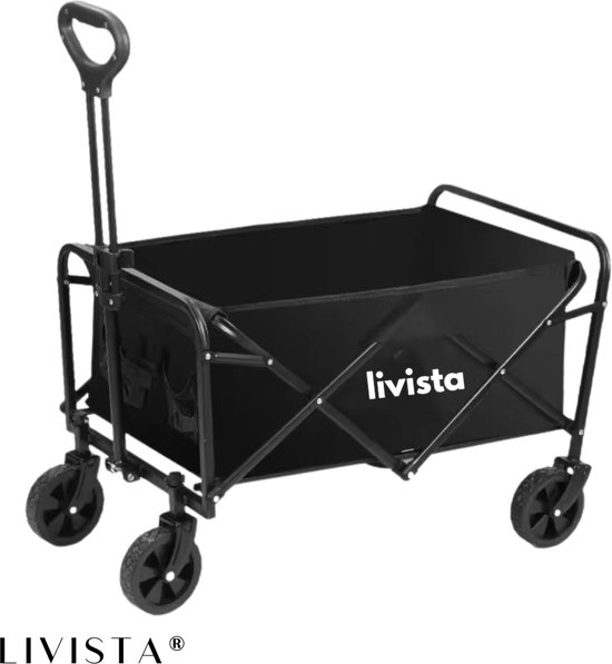 Zwarte Livista bolderkar op witte achtergrond, met inklapbaar frame en handvat.