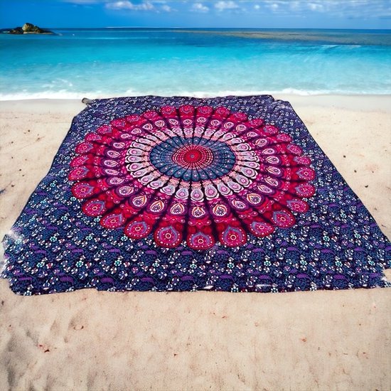 XL groot strandlaken - Paars - Mandala - duurzaam katoen - Dun textiel - 2 persoons strandkleed