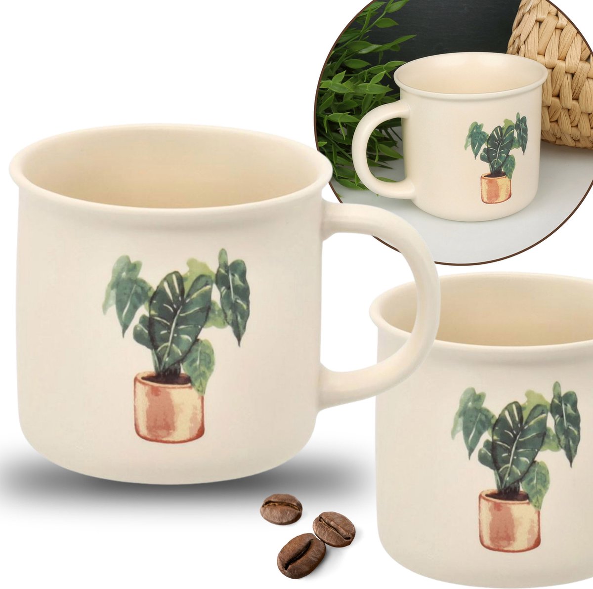 Crèmekleurige Porseleinen Mok met Potplant, 355ml
