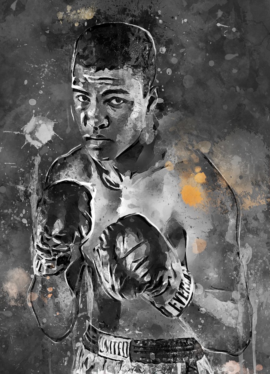Muhammad Ali poster op A1 semi- glossy papier - 59.4x84 cm - Box poster - Unieke poster van Muhammad Ali met donkergrijze achtergrondkleur