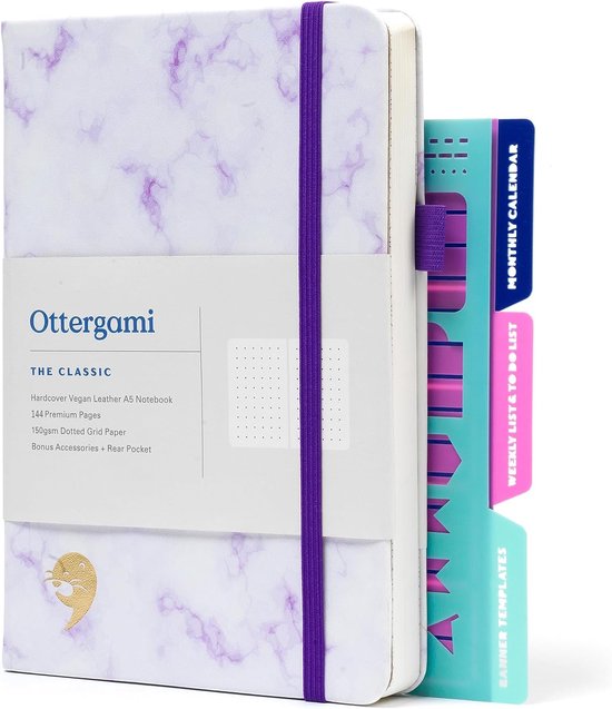 Ottergami Notitieboek A5 - Notebook Journal met Puntjes - Hoogwaardig Dik Papier 150g/m2 - 144 pagina’s - Bullet Journal Marmer kleur Gestippeld Dagboek - Vegan Lederen Kaft met Elastiek - Hardcover - Back To School