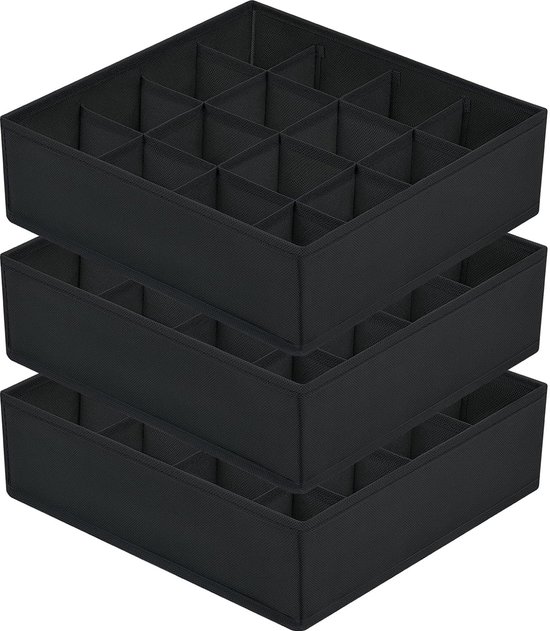 Set de 3 boîtes de rangement, organisateur de tiroir avec 16 cellules, organisateur de chaussettes pliable, système d'organisation de tiroir pour sous-vêtements, chaussettes, cravates, noir
