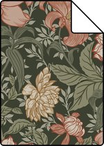 Proefstaal ESTAhome behangpapier vintage bloemen vergrijsd groen en terracotta roze - 139381 - 26,5 x 21 cm