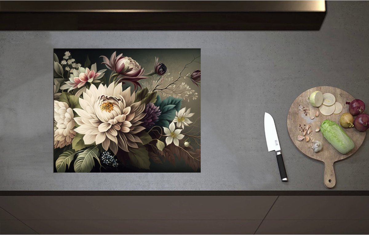 Inductieplaat Beschermer - Boeket Bloemen in Verschillende Kleuren - 60x51 cm - 2 mm Dik - Inductie Beschermer - Bescherming Inductiekookplaat - Kookplaat Beschermer van Wit Vinyl