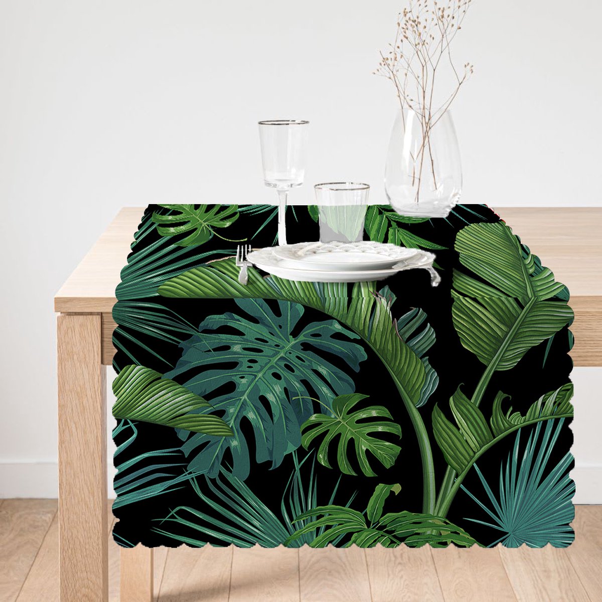 Bedrukt Velvet textiel Tafelloper 65x240 cm - Palm bladeren - Fluweel - Runner