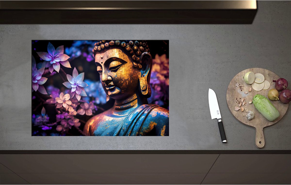 Inductieplaat Beschermer - Boeddha voor Struik vol Paarse Lelies - 71x50 cm - 2 mm Dik - Inductie Beschermer - Bescherming Inductiekookplaat - Kookplaat Beschermer van Zwart Vinyl