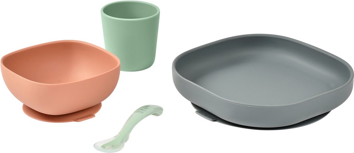 Goedkoopste Béaba - Silicone maaltijdset - Kinderservies - 4-delig - Groen/terracotta/grijs
