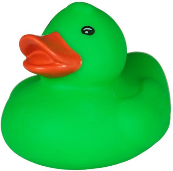 Groen badeendje met oranje snavel en zwart oogje.