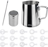 DOWO® - Melkkan Set - 350ml - Melkkannetje opschuim - Inclusief Art Pen & Strooipotje & 16 Barista Stencils - Melkkannetje - Melkopschuimkan - Latte Art