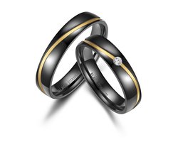 Jonline SET Trouwringen Zwart Titanium 14 Karaat Goud Zirkonia| Vriendschapsringen | Relatie ringen