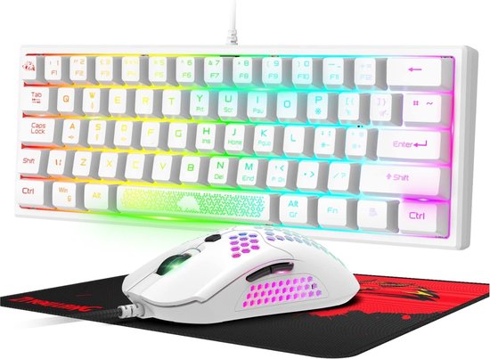 StayPowered 60% Gaming Toetsenbord Set - De Essentie van Gaming in één Compacte Set! - Instelbare Verlichting - Ergonomisch en Compact Design - met Ultralichte Muis & Muismat - Complete Gaming Set - Wit - Levering Sneller dan Aangegeven!
