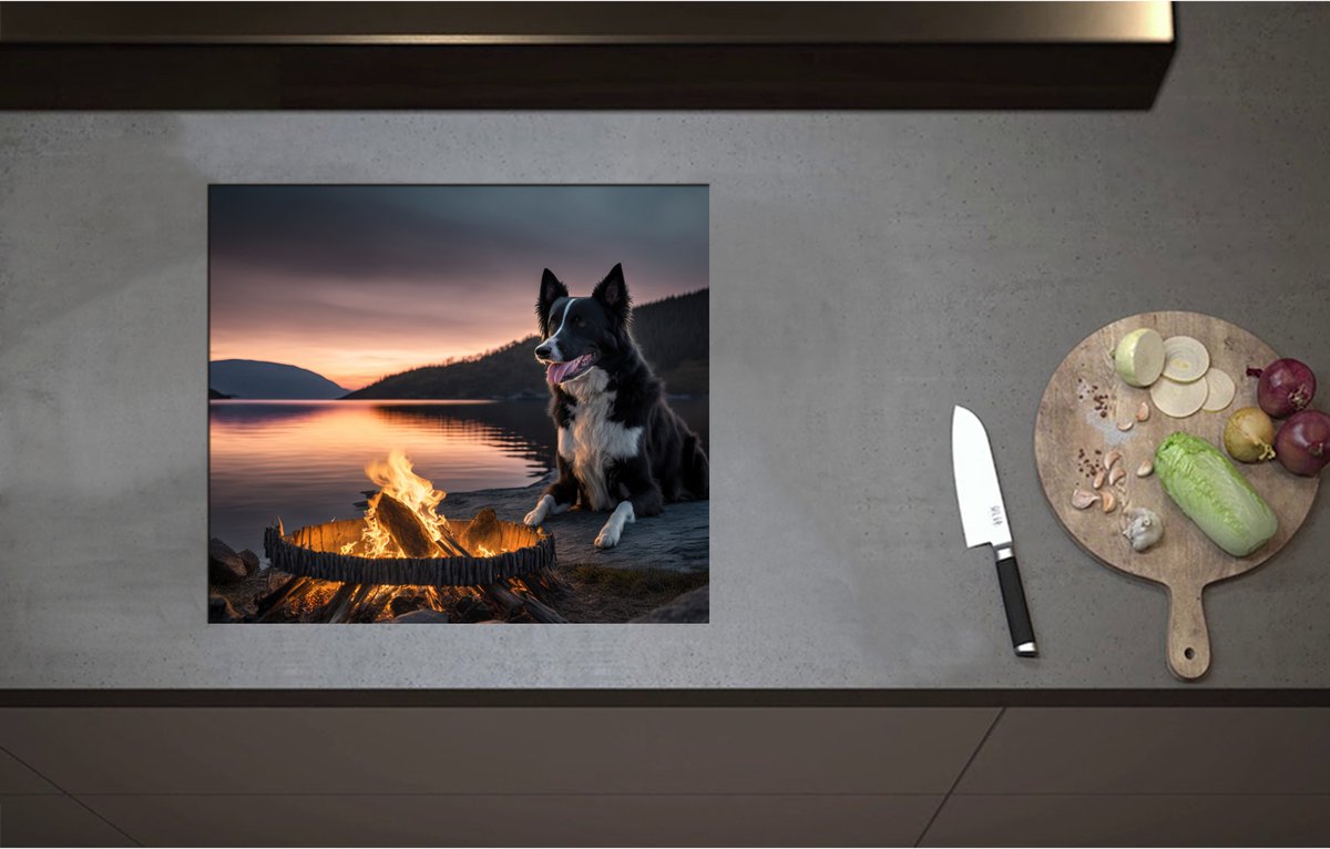 Inductieplaat Beschermer - Bordercollie Hond Liggend langs Kampvuur aan het Water - 57x50 cm - 2 mm Dik - Inductie Beschermer - Bescherming Inductiekookplaat - Kookplaat Beschermer van Zwart Vinyl