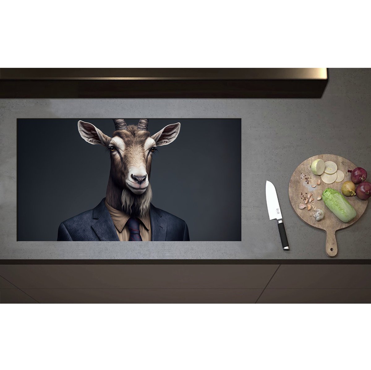 Inductieplaat Beschermer - Bok met Sik en Horens in Zakelijk Pak met Stropdas - 90x50 cm - 2 mm Dik - Inductie Beschermer - Bescherming Inductiekookplaat - Kookplaat Beschermer van Zwart Vinyl