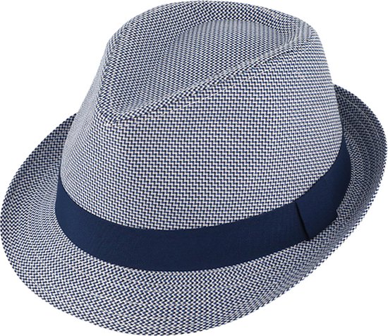 Trilby linnen uni stof hoed met ripband-lint Marine Blauw - Maat: 57-M