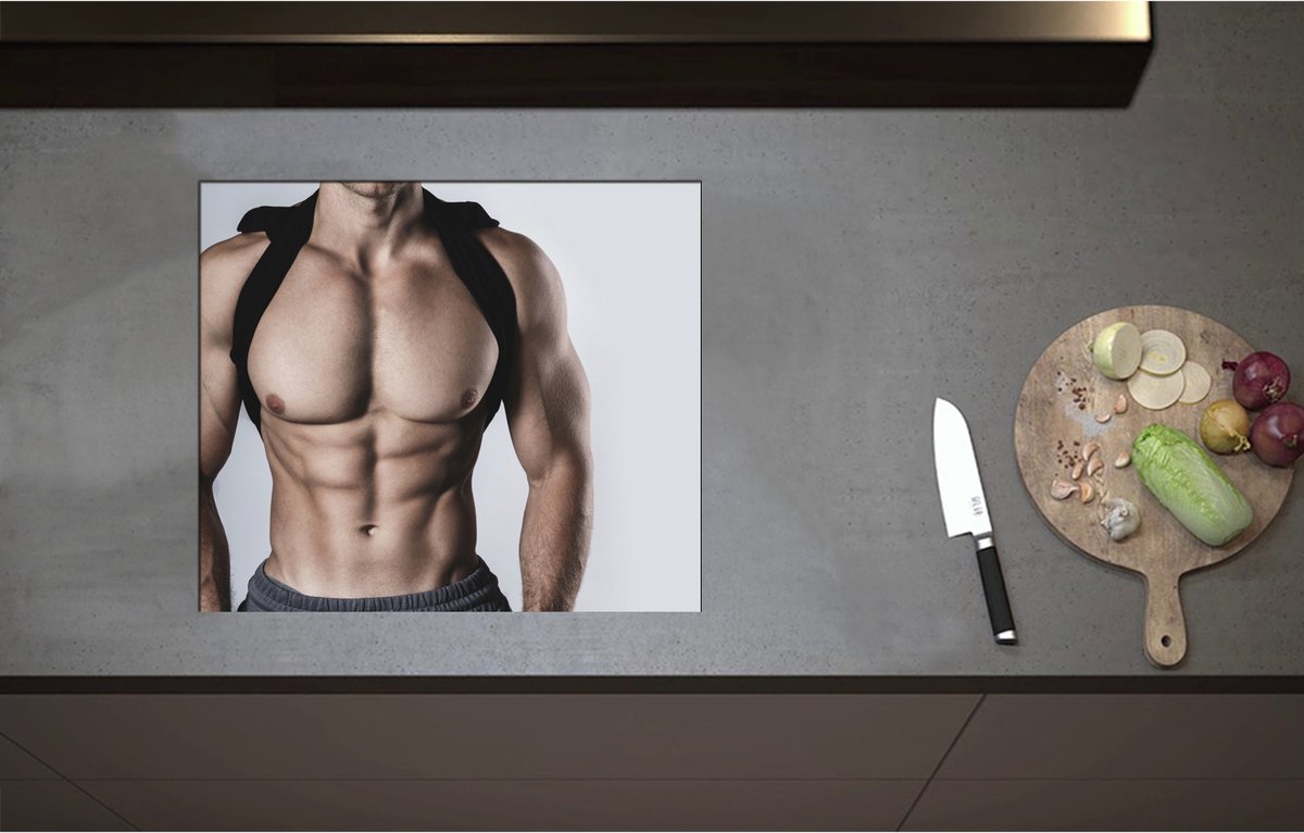 Inductieplaat Beschermer - Bodybuilder Lichaam van Man tegen Witte Achtergrond - 58x50 cm - 2 mm Dik - Inductie Beschermer - Bescherming Inductiekookplaat - Kookplaat Beschermer van Wit Vinyl