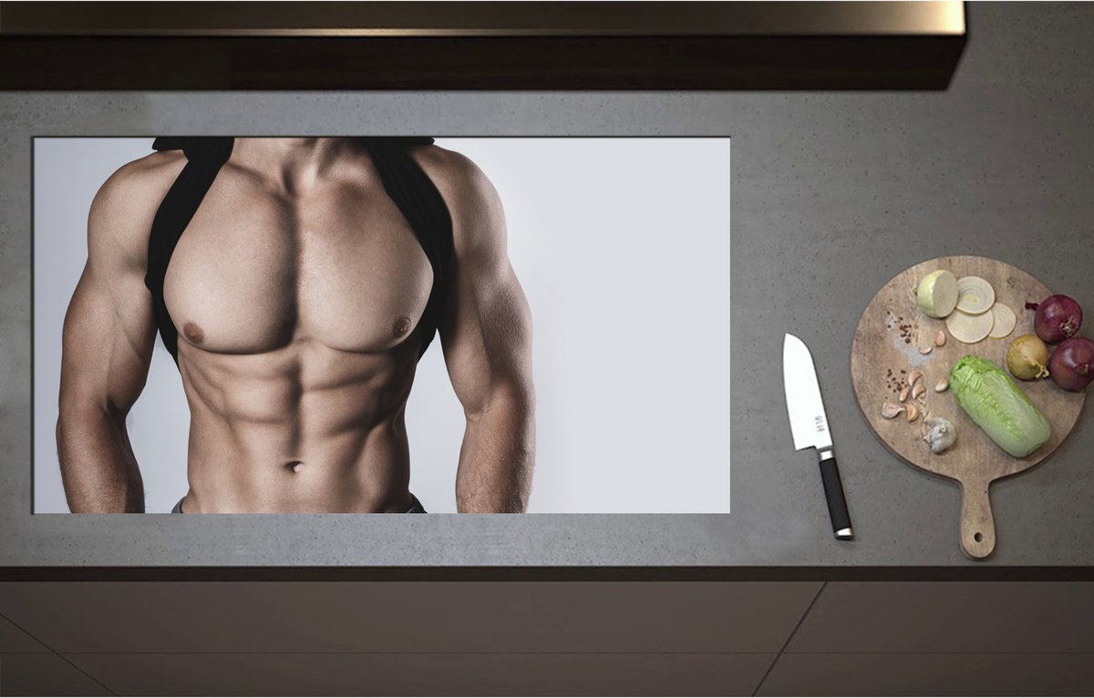 Inductieplaat Beschermer - Bodybuilder Lichaam van Man tegen Witte Achtergrond - 95x52 cm - 2 mm Dik - Inductie Beschermer - Bescherming Inductiekookplaat - Kookplaat Beschermer van Wit Vinyl
