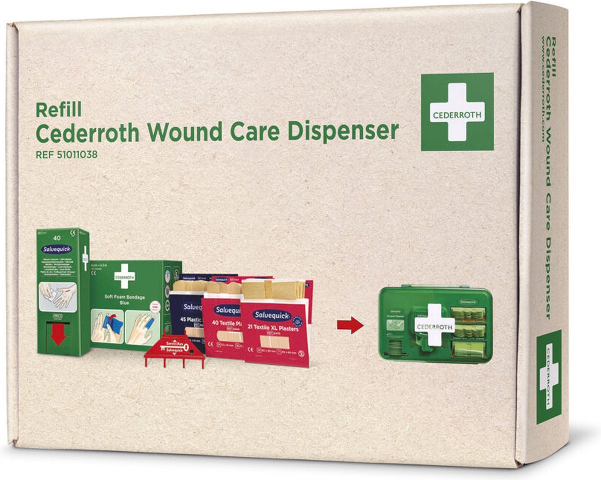 Goedkoopste Navulling voor Cederroth Wound Care dispenser - compleet pakket met losse inhoud.