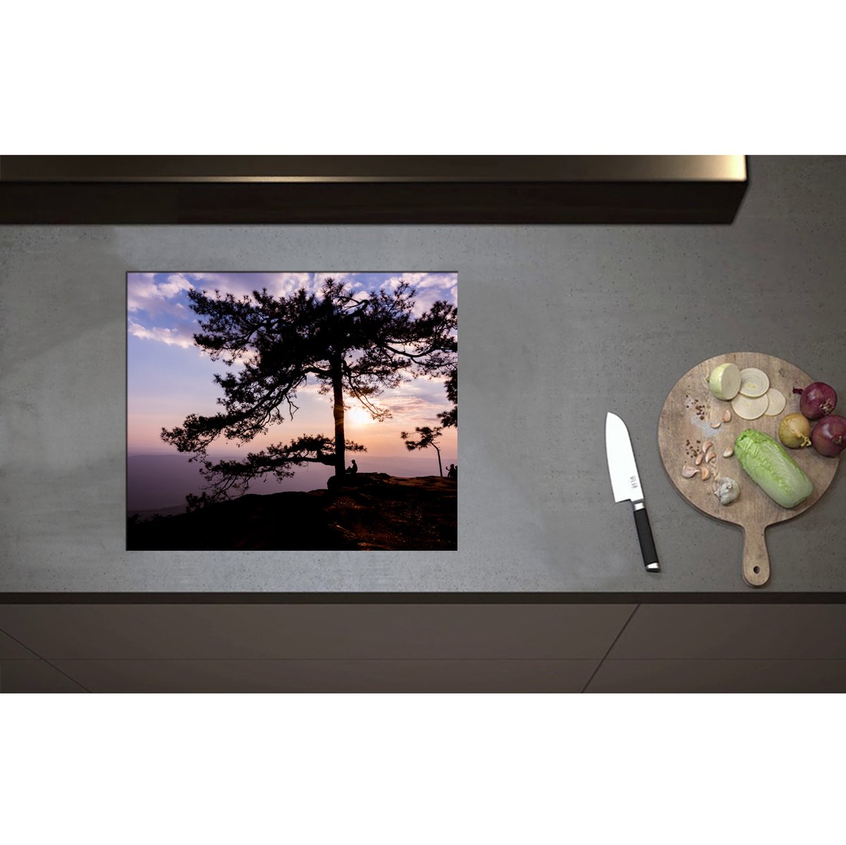 Inductieplaat Beschermer - Boom met Paarse Zonsondergang - 59x50 cm - 2 mm Dik - Inductie Beschermer - Bescherming Inductiekookplaat - Kookplaat Beschermer van Wit Vinyl
