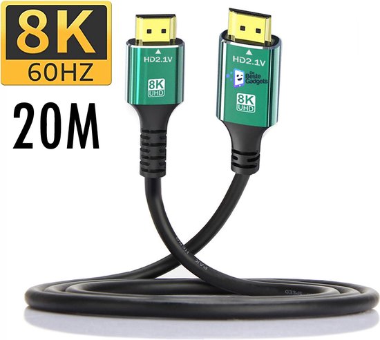 De Beste Gadgets HDMI Kabel 20 meter - HDMI Kabel 4k / 8k - HDMI 2.1 Kabel - 24K Gold Plated - 8K (60 Hz) - 4K (144 Hz) - Full HD 1080p - Ethernet - 3D - ARC - 48Gbps - DTS HD - Geschikt voor Dolby Atmos - Male naar male - High Speed HDMI Kabel - 20m