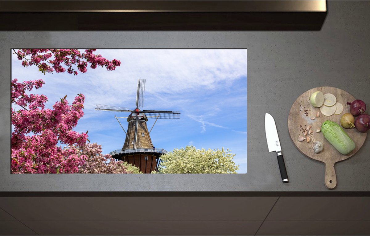 Inductieplaat Beschermer - Bloesembomen voor Traditione Molen in Nederland - 95x51 cm - 2 mm Dik - Inductie Beschermer - Bescherming Inductiekookplaat - Kookplaat Beschermer van Wit Vinyl